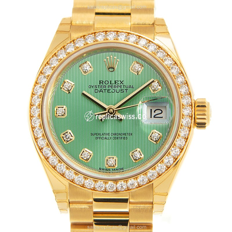 Rolex Lady Datejust Replica - Automatic - 18kt Gold Case, Green Dial, Diamond Clasp